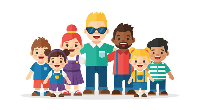 Diverse Group of Happy Cartoon Children with an Adult