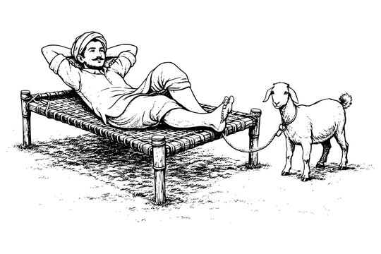 Rural Man Relaxing on Charpai with Goat tied next to him Illustration