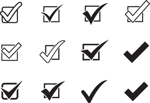 Check Mark Icons: An assortment of check mark symbols, elegantly displayed within various boxy frameworks, symbolizing options, choices, and approvals, ideal for design elements.
