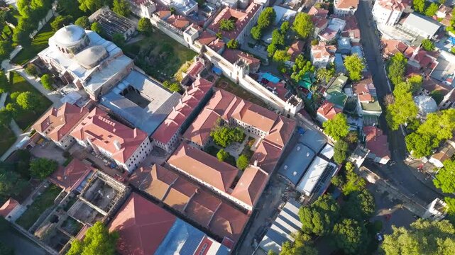 Istanbul, Turkey. Hagia Sophia Grand Mosque in Fatih district aerial view with morning sun and sea. Aerial View, MasterShots, Tilt up