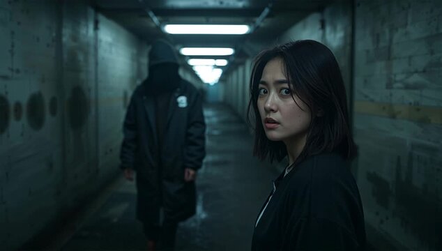 地下道入口の夜道で背後を警戒する日本人女性と不審者の影の防犯情景