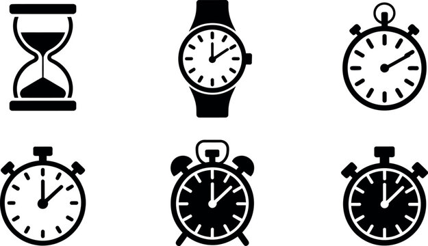 Time icons set vector illustration with hourglass wristwatch and stopwatch isolated on white background simple timekeeping symbols minimal modern design