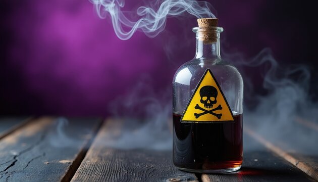 Glass bottle with dark liquid and skull warning label emits smoke. Set on old wooden table, dark background. Dangerous chemical substance, risk, mystery.