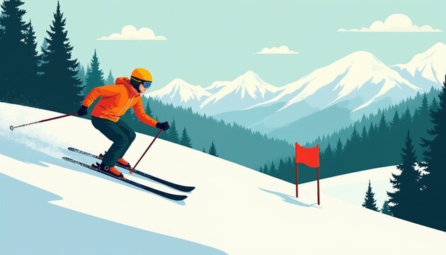 Skier in orange jacket races down snow-covered mountain slope. Red flag marks course near pine forest. Snow capped peaks loom in background, clear sky above.