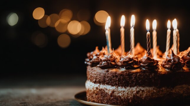 Delicious chocolate cake with lit candles celebrating a birthday party in a dimly lit environment with a beautiful bokeh background of lights