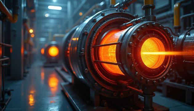 Intense orange glow emanates from advanced reactor core. Industrial pipes and machinery form futuristic energy generation setting. Research facility looks like clean power tech.