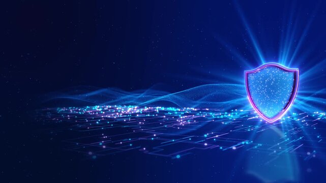Digital Protection Glowing Security Shield Advanced cyber protection concept featuring luminous shield connected data grid. secure networks, encryption digital safety. IT security, finance technology