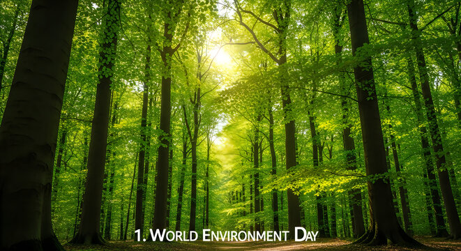 Sunlight filtering through dense green forest trees on World Environment Day illustration