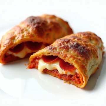 Two baked calzones stuffed with pepperoni and melted mozzarella cheese. Delicious Italian pastry, stuffed pizza pockets perfect for lunch or dinner meal.