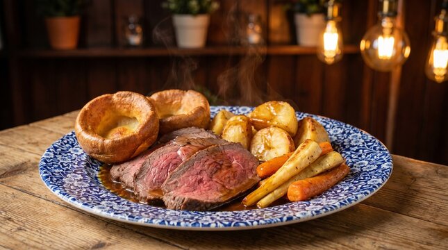 British Uk Food Sunday Roast Beef with Yorkshire Pudding, Roast Potatoes, Pars