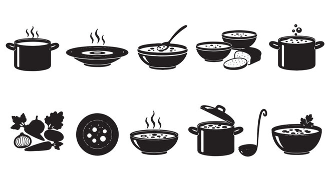 Cooking icons, kitchen utensils, black silhouette symbols, food and drink graphics, 12 pcs