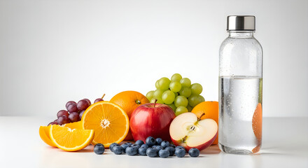 Fresh fruits with vitamin water bottle on wooden surface illustration