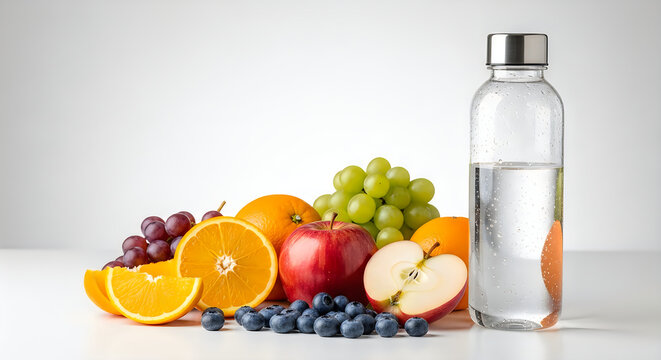 Fresh fruits with vitamin water bottle on wooden surface illustration