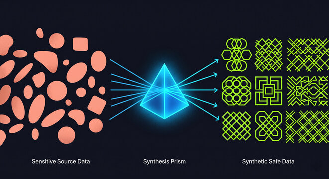 Synthetic data generation and privacy preserving ai training flat illustration featuring secure digital data synthesis and algorithmic privacy for software development