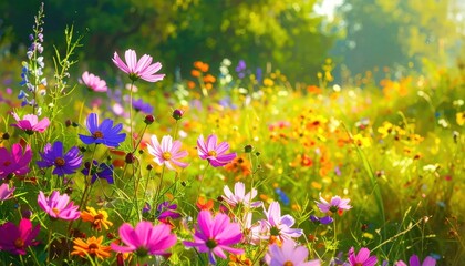 Fototapeta premium Vibrant Meadow Bursting with Colorful Wildflowers in Golden Sunlight.