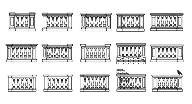 Classical stone balustrade vector set, architectural balcony railing icons, 15 vintage marble fence designs for building exterior and terrace decoration