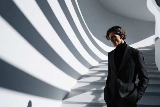 A contemplative man stands in a brightly lit modern staircase, showcasing the interaction between light and shadow in a refined and elegant manner.