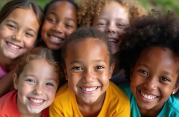 Fototapeta premium Diverse group of happy kids, smiling together for camera. Children share joyful moments outdoors in natural light. Faces express pure childhood fun and togetherness.