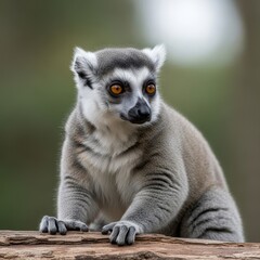 Fototapeta premium Ring-tailed Lemur Perched on a Log, Looking Alertly.