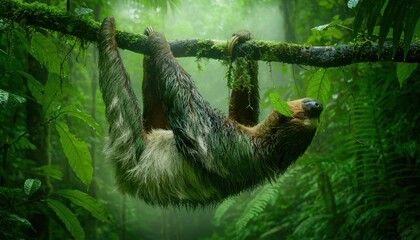 Obraz premium A slow-moving sloth hangs suspended from a moss-covered branch in a lush, misty rainforest environment.