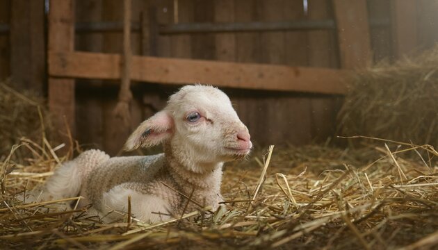 Adorable young lamb resting peacefully amidst straw in a rustic barn setting