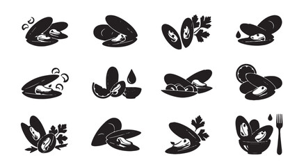 Fototapeta premium Mussel icon set with 12 black silhouettes, seafood shell vector illustrations, gourmet shellfish symbols for restaurant menus and food packaging