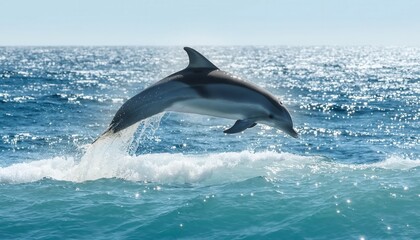 Fototapeta premium A graceful dolphin leaps from the ocean surface, splashing water into the bright sunlight.