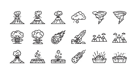 Natural disaster line icons set, 18 vector elements featuring volcano eruption and tornado, meteor strike and nuclear explosion symbols for infographics © Rosie