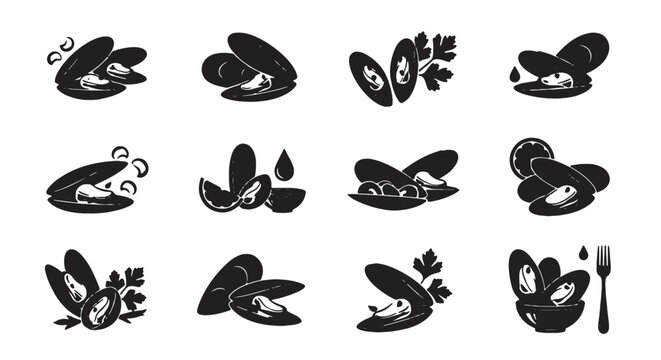 Mussel icon set with 12 black silhouettes, seafood shell vector illustrations, gourmet shellfish symbols for restaurant menus and food packaging