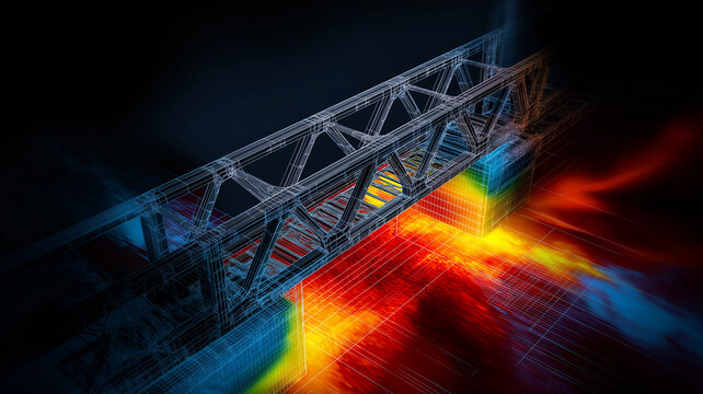 Conceptual structural engineering visualization, bridge facade, stress analysis, heat map, technical diagram, data model showing professional intensity and complex scientific analysis of iron