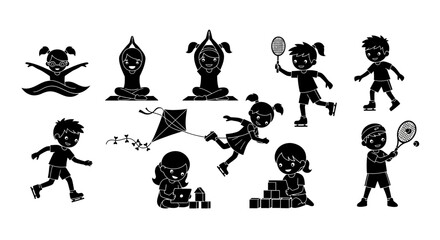 Obraz premium Set of Children Silhouettes Engaged in Various Activities and Sports
