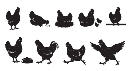 Black chicken silhouette collection, farm poultry bird vector set, hen and rooster icons for organic food branding and agriculture design © Rosie