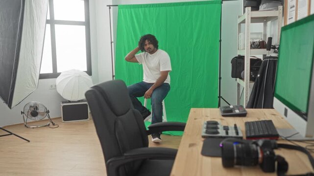 Man sitting on stool with hands clasped and neutral gaze, wearing white tshirt and jeans against green backdrop in studio with lights and camera visible; calm focus.