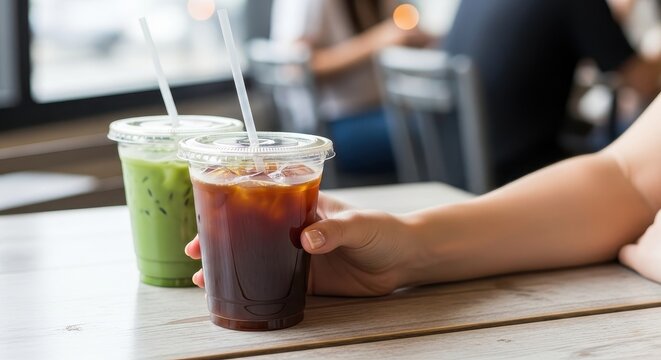 Refreshing Iced Coffee and Green Tea Drinks on Table.