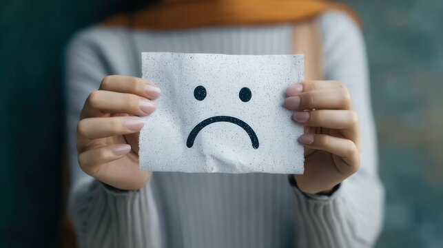 Detailed Close-Up View of Two Hands Holding a Crumpled Paper with a Sad Face Symbol on a Soft Background
