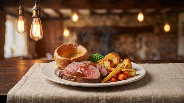 British Uk Food Sunday Roast Beef with Yorkshire Pudding, Roast Potatoes, Pars
