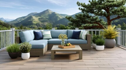Obraz premium Outdoor living space on deck with mountain view