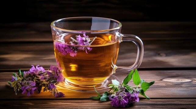 Herbal tea with flower buds nearby. The concept of medicinal drinks, alternative medicine.