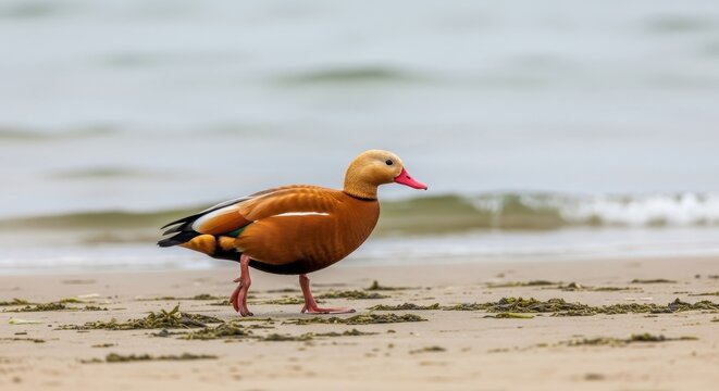 Ruddy Shelduck Walking Gracefully on Sandy Beach.