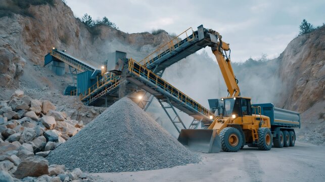 Quarrying operations with heavy machinery processing gravel