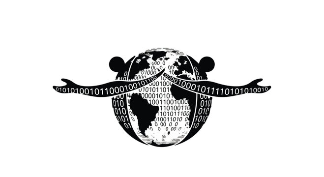 Globe encircled by binary code arms represents global digital connectivity flows.