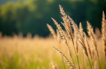 Obraz premium Dry feather grass plumes catch warm sun. Soft focus stalks sway gently in breeze. Golden field stretches toward blurred green forest background.