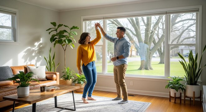 Happy young couple dancing barefoot together in living room near window enjoying romantic moment at home healthy lifestyle love