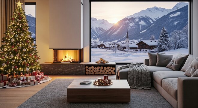 Illuminated Christmas tree with gifts in cozy living room near fireplace and snowy mountain view creating a festive winter holiday atmosphere