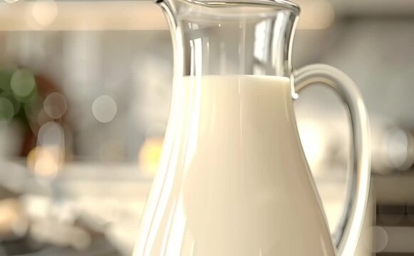 A clear glass jug filled with fresh, rich milk, symbolizing natural goodness and a vital source of dietary calcium for a balanced diet