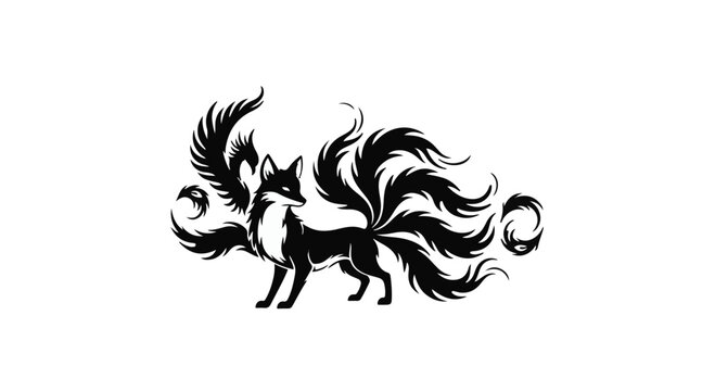 Fox with multiple tails stands in a mystical pose within this intricate graphic art.