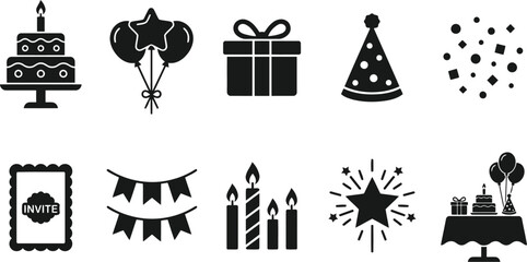 Fototapeta premium black birthday icons set, party symbols