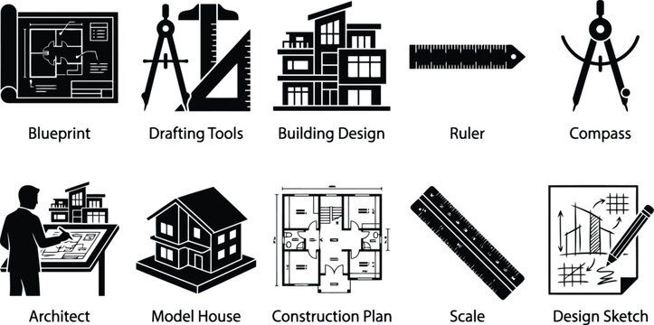Architecture design elements and tools icon set