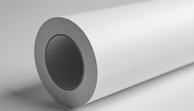 Large white paper roll cylindrical form for printing and packaging. Blank matte material for crafts and design. Industrial product for creative projects. Ready for use.