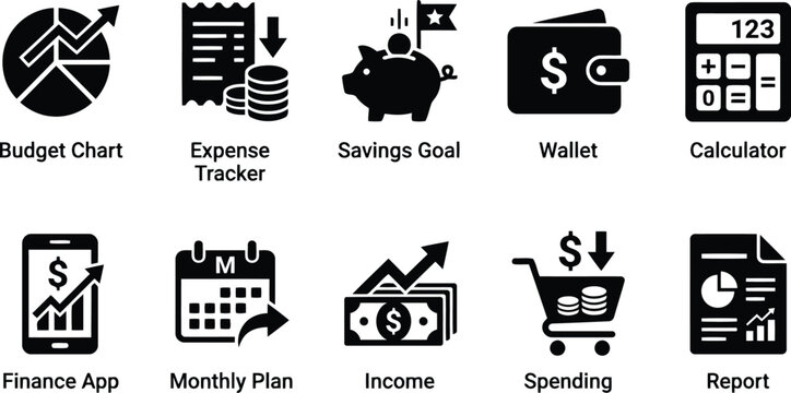 set of finance icons, including budget chart, expense tracker, savings goal, wallet, calculator, finance app, monthly plan, income, spending, report